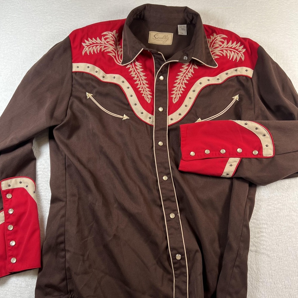 Scully Shirt Mens Medium Brown Red Embroidered Western Pearl Snap Studded